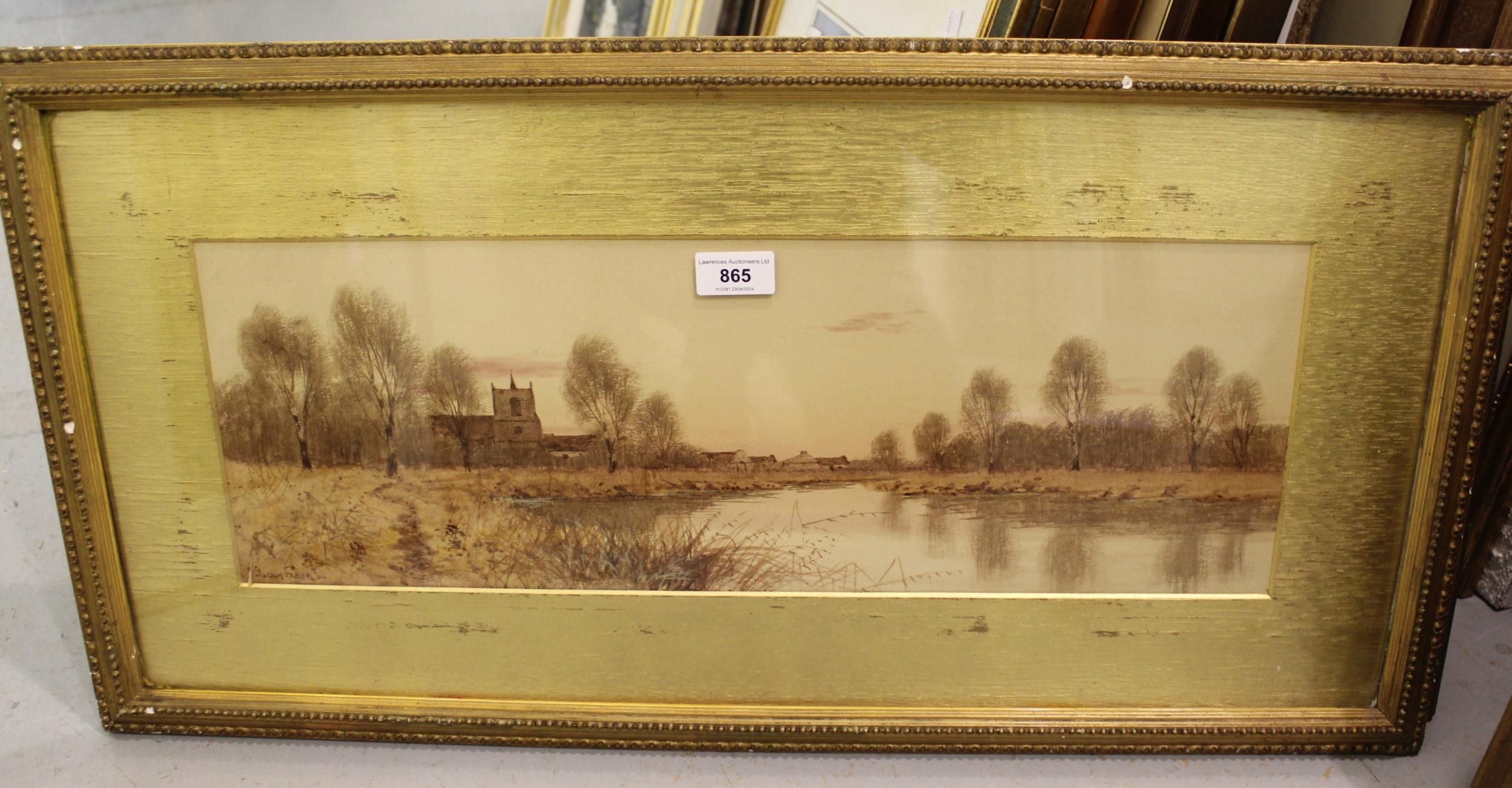 F. Gordon Fraser watercolour, river scene with church, gilt framed, signed, together with a pair - Image 2 of 4