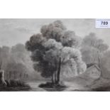 Follower of David Cox, late 18th / early 19th Century monochrome watercolour, rural scene with trees