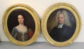 Pair of 18th Century oil paintings on canvas portrait of a lady and gentleman, (the gentleman