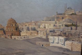 B. Bonello, signed oil on canvas loosely laid on board view across an Eastern city (probably Cairo),