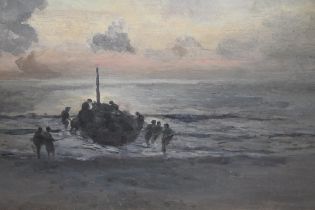 Early 20th Century oil on board, coastal landscape at sunset with figures by a beached boat, ' A