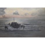 Early 20th Century oil on board, coastal landscape at sunset with figures by a beached boat, ' A