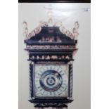 Large black chinoiserie frame housing a colour print of a longcase clock, 140 x 64cm overall