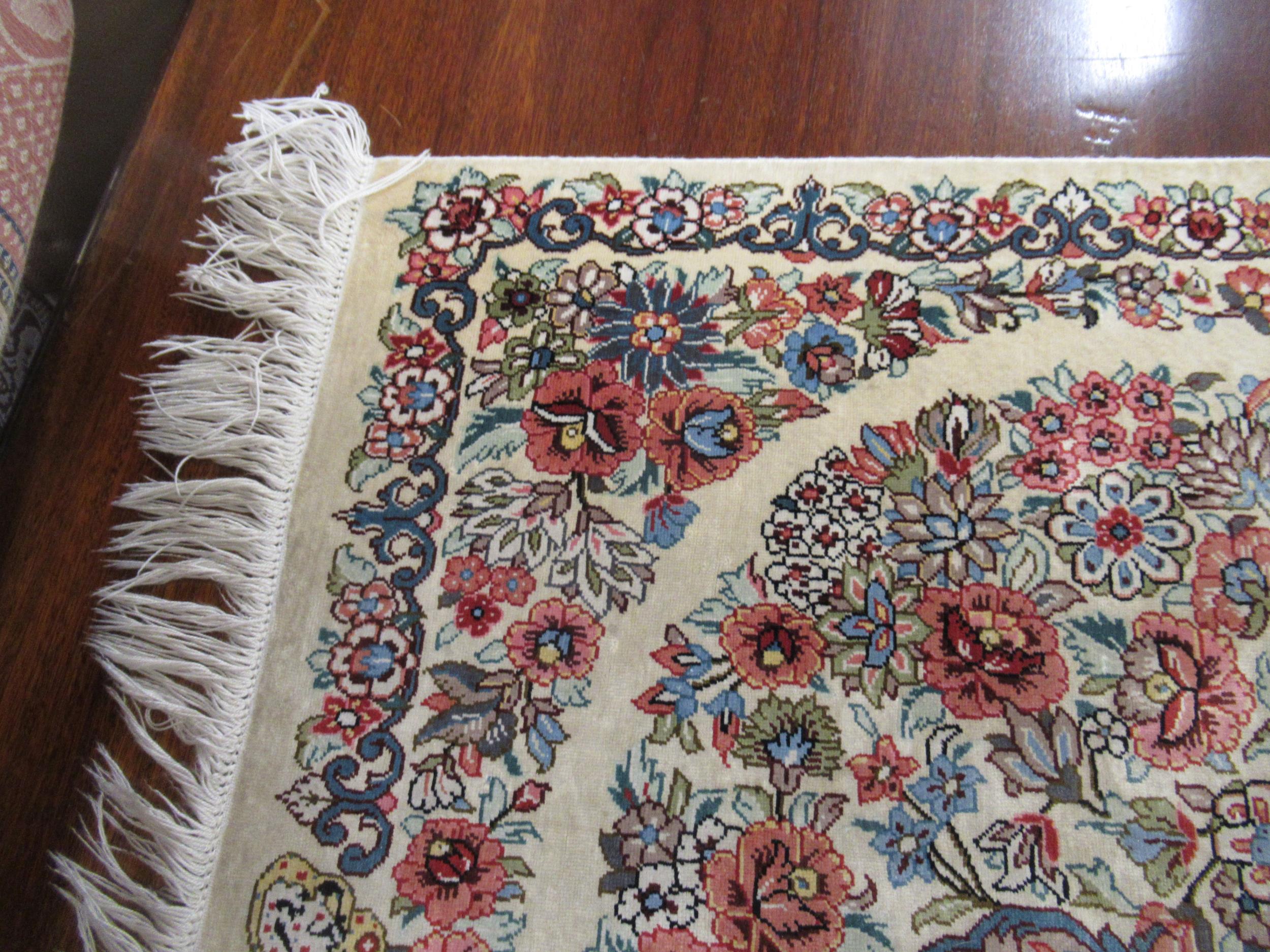 Modern oriental silk rug with a lobed medallion and all-over stylised floral design on an ivory - Image 8 of 10