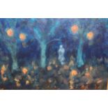 Impressionist style oil on board, figure in a woodland at dusk with lanterns on trees, 30 x 38cm