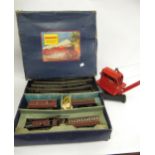 Triang children's pull-along toy crane and a boxed Hornby Meccano 'O' gauge clockwork tin plate