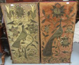 Pair of antique metal threadwork and raised stumpwork embroidered panels, birds in foliage, 116 x