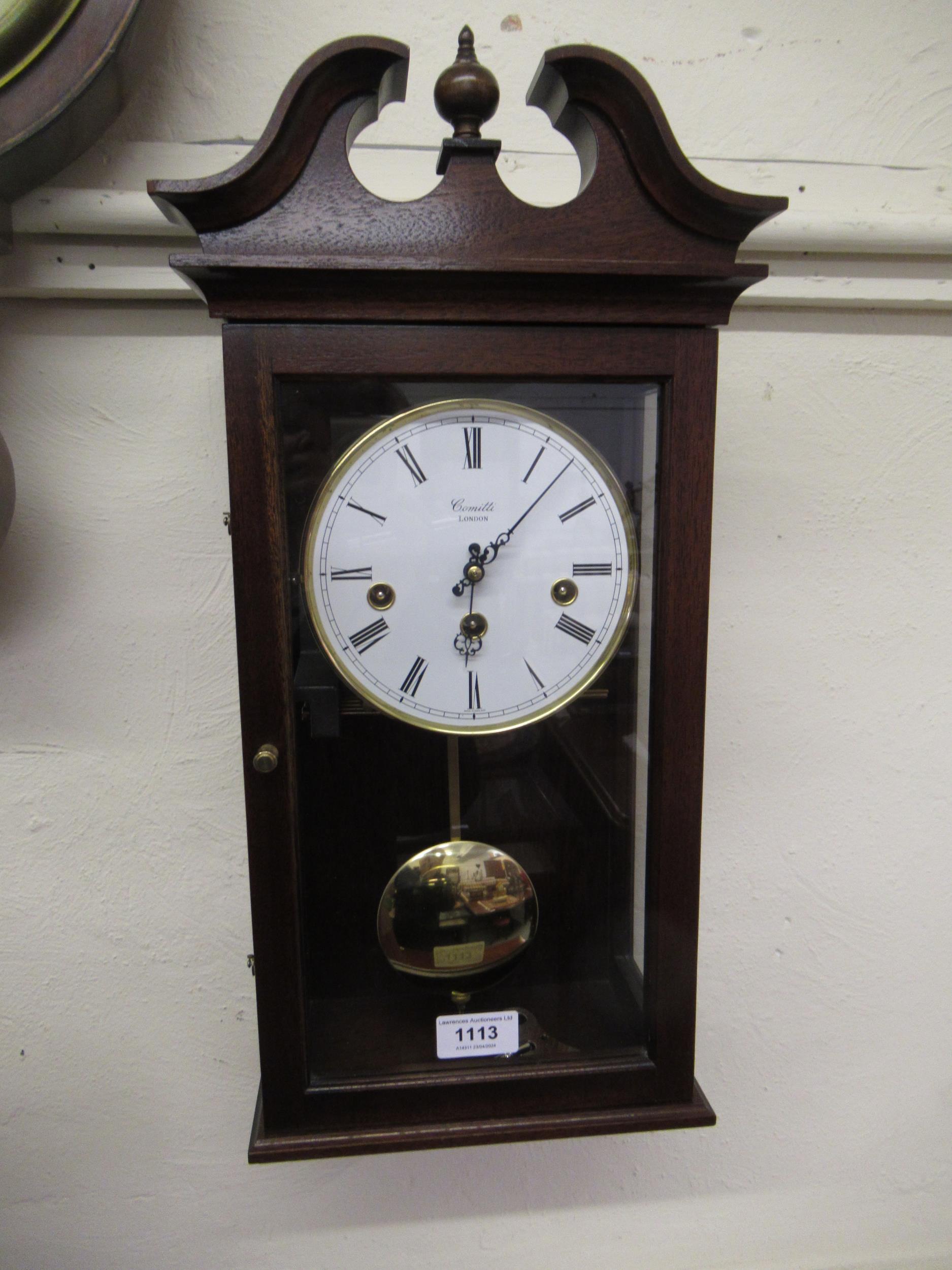 Modern mahogany cased Vienna style wall clock with circular dial, inscribed Comitti, London,