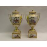 Pair of large Vienna two handled baluster form vases with covers and pedestal bases decorated with