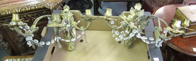 Pair of 19th Century French ormolu and crystal four branch wall lights, 29cm high