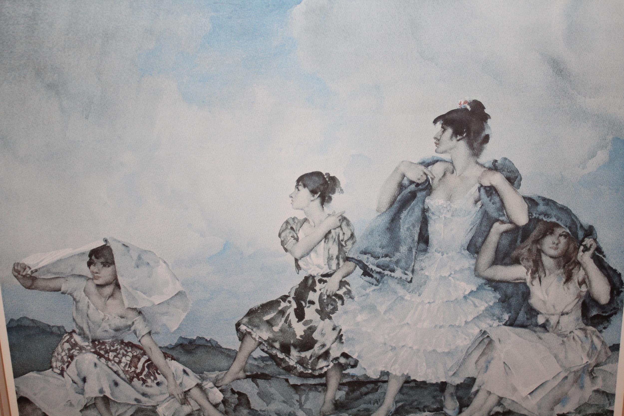 Sir William Russell Flint signed coloured print, figures sheltering from the rain, with blind stamp,