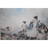 Sir William Russell Flint signed coloured print, figures sheltering from the rain, with blind stamp,