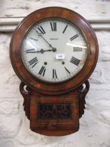 Victorian walnut and marquetry inlaid drop-dial wall clock, the enamel dial with Roman numerals,