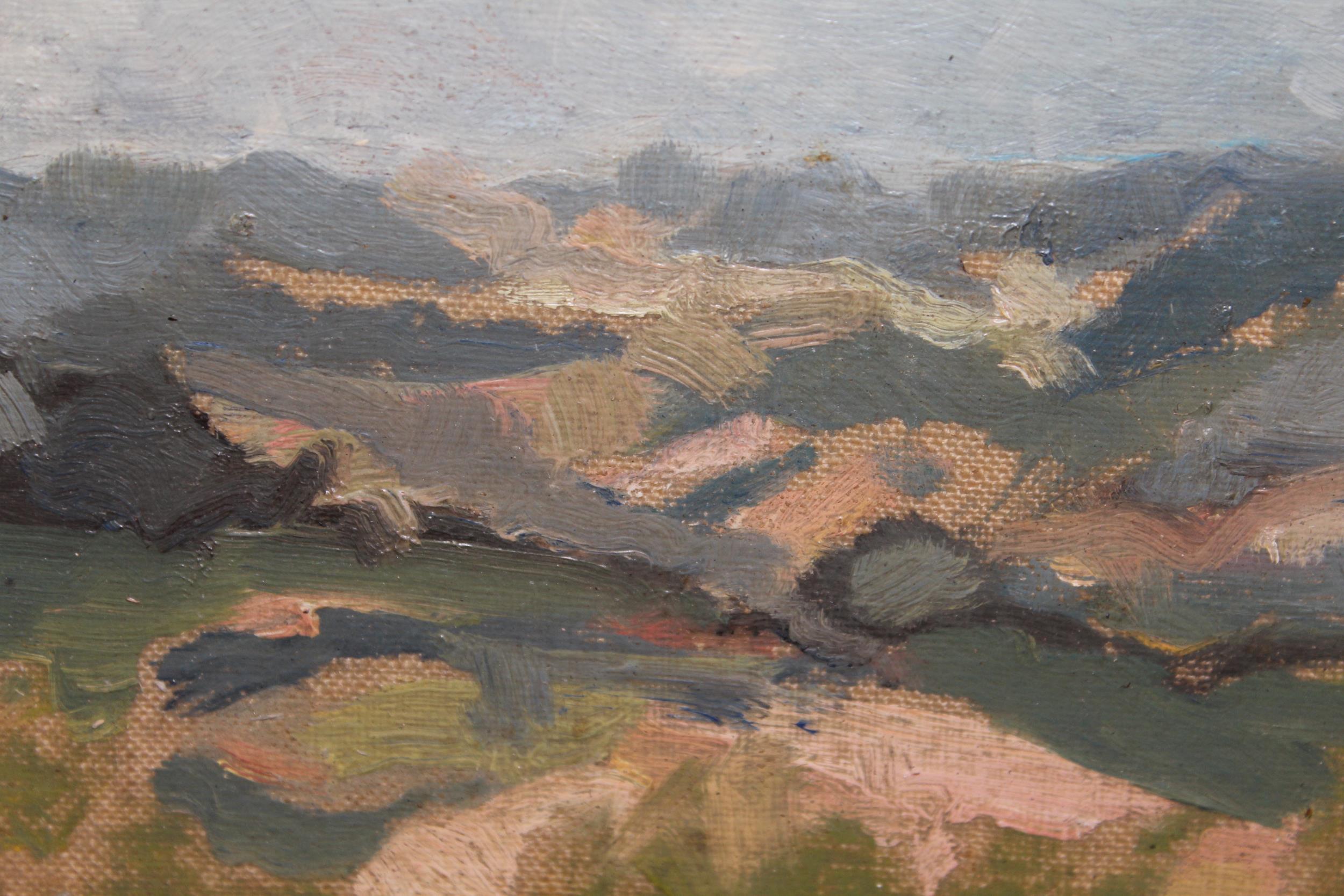 Oil sketch on card, view across a landscape, bearing inscription verso ' R. E. Fry ', 13 x 16cm