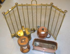 Small Victorian brass three section folding firescreen, together with a quantity of other copper and