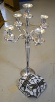 Large nickel plated five light candelabra, 78cm high, together with a Tiffany style leaded glass