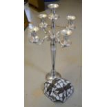 Large nickel plated five light candelabra, 78cm high, together with a Tiffany style leaded glass