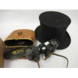 Pair of Negretti & Zambra 8 x 30 binoculars in a leather case, together with a collapsible top hat