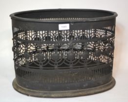 Oval black painted metal log basket of pierced design 31cm high x 46cm wide x 32cm deep