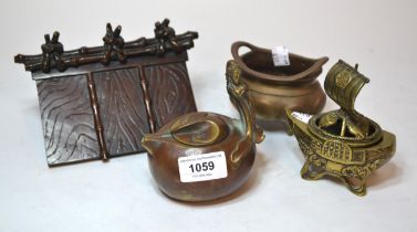 Small Chinese brown patinated bronze teapot, a similar censer, another censer in the form of a