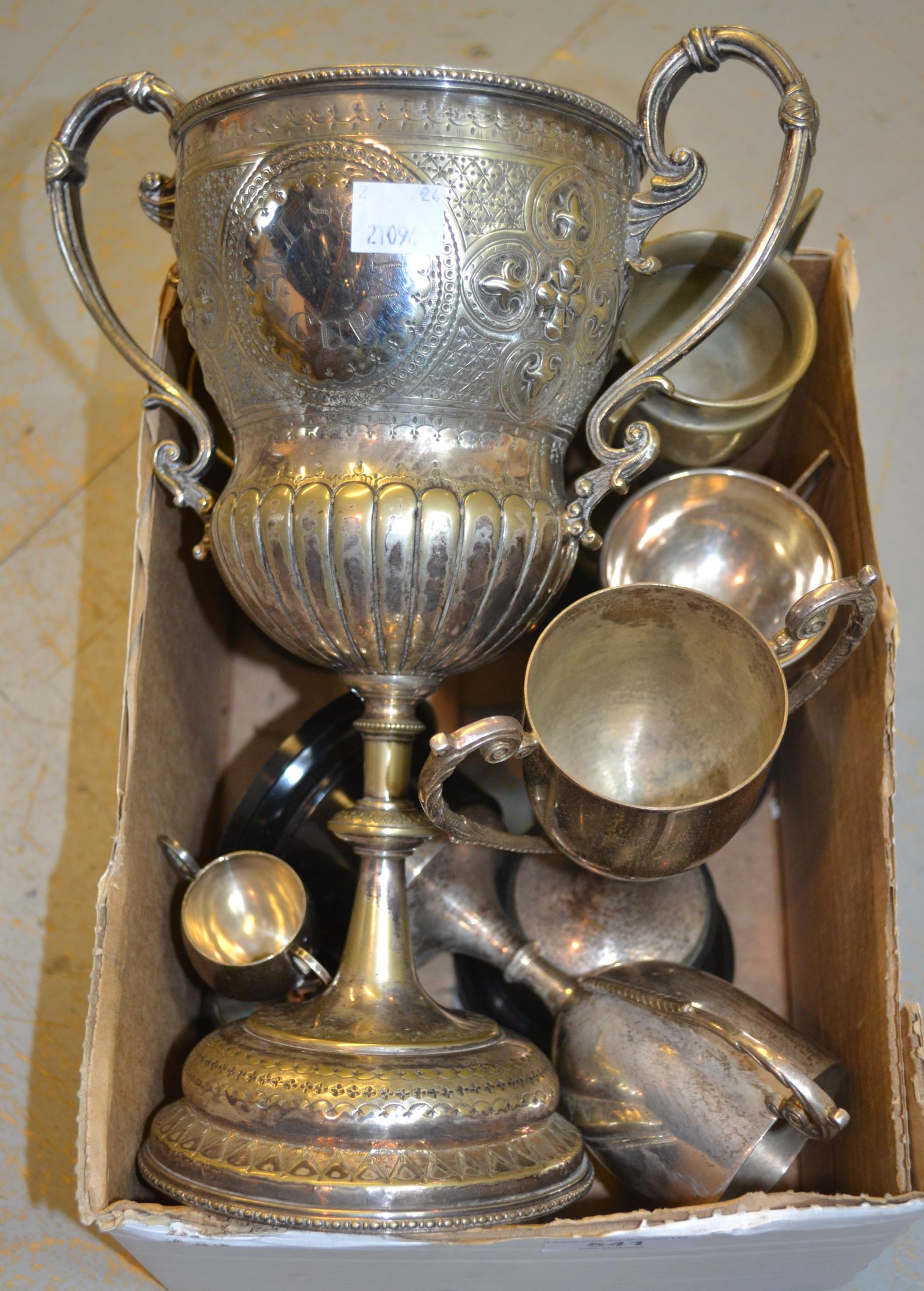Box containing a quantity of various silver plated trophy cups