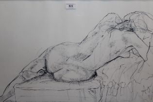 Pencil sketch, female nude study, signed with initials A. P., inscribed verso ' She's All Woman ',