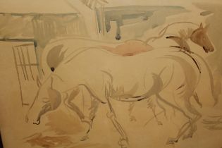 20th Century South African school, watercolour, horses in a barn, 48 x 67cm, framed