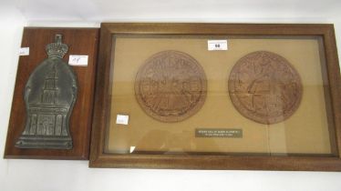Reproduction framed and glazed second seal of Queen Elizabeth I, together with an antique lead