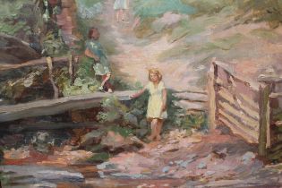A.Swinstead, signed oil on board, landscape with three children near a stream, 38.5cm x 48.5cm,