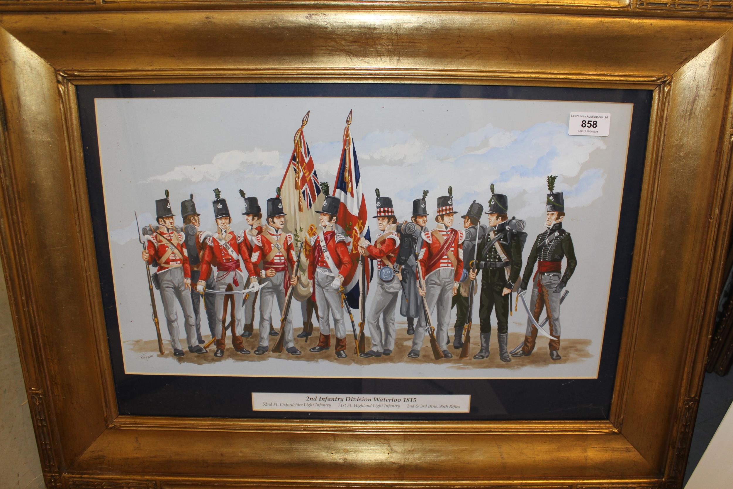 20th Century gouache, 2nd Infantry Division Waterloo 1815, signed Kay dated 2000, gilt framed, 28 - Image 2 of 2