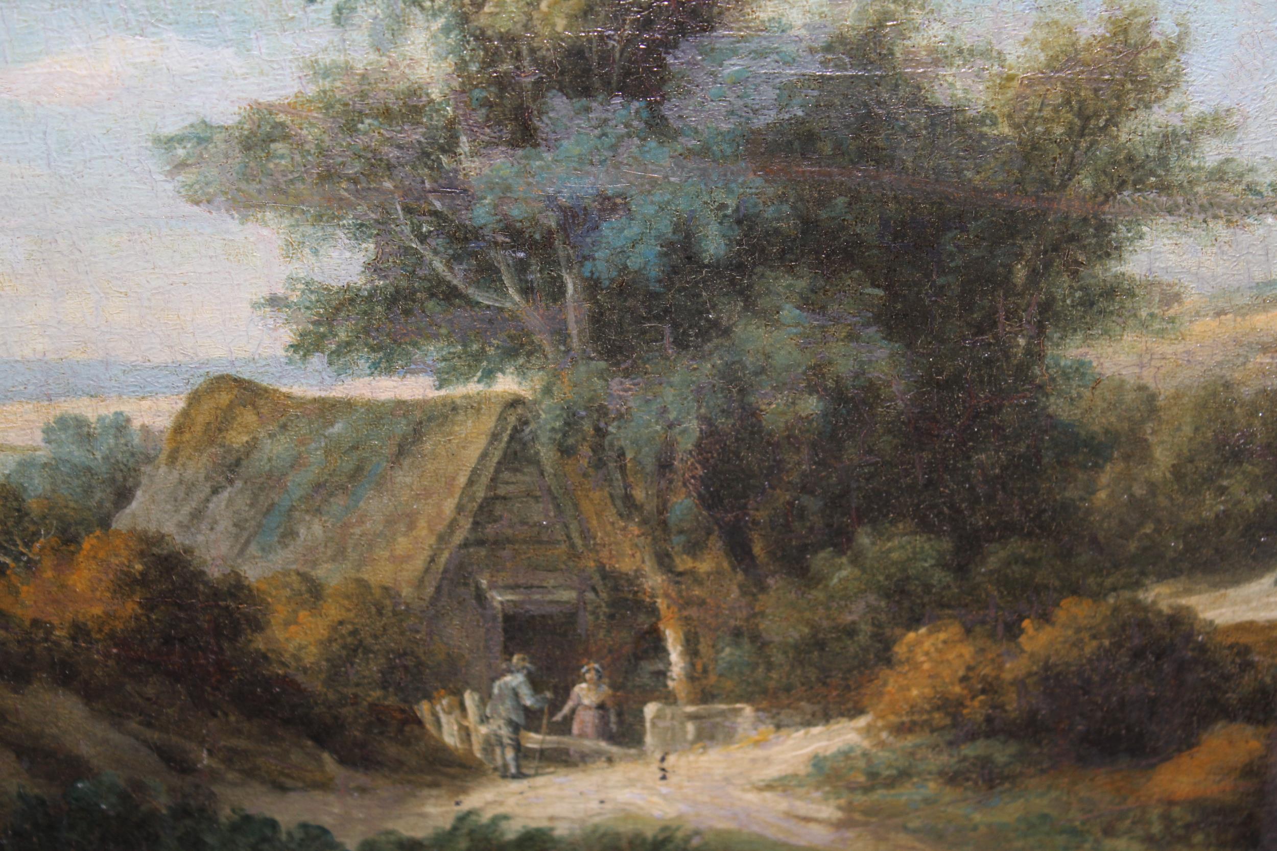 19th Century English school, oil on panel, figures before a cottage in a landscape, unsigned, 23 x