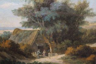 19th Century English school, oil on panel, figures before a cottage in a landscape, unsigned, 23 x