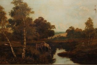 T. Hines, large oil on canvas, figures and cattle at water, signed, gilt framed, 74 x 126cm (some