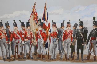 20th Century gouache, 2nd Infantry Division Waterloo 1815, signed Kay dated 2000, gilt framed, 28