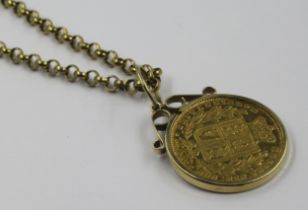Victorian gold shield back sovereign, 1871, with a 9ct gold pendant mount and chain, 18.5g gross