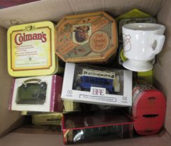 Box containing a collection of Colmans advertising related tins, salts, money box and ephemera, also