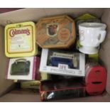 Box containing a collection of Colmans advertising related tins, salts, money box and ephemera, also