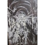 20th Century Continental oil on card, abstract study with figures, ' The Underground ', indistinctly