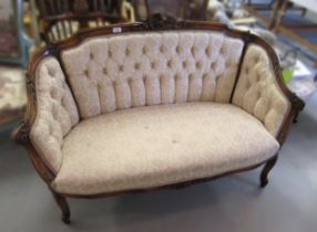 Small 19th Century carved walnut and button upholstered two seat drawing room sofa on carved