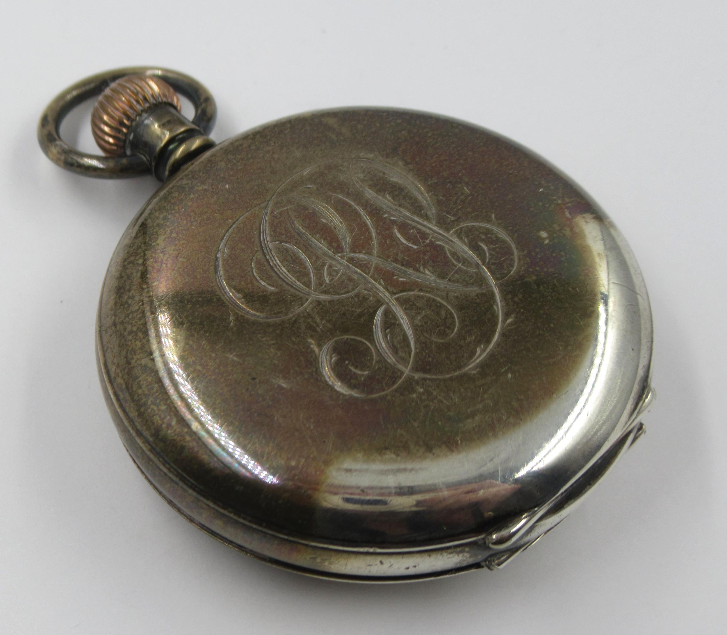 Birmingham silver cased half hunter pocket watch, with blue enamelled cover and enamel dial with - Image 2 of 4