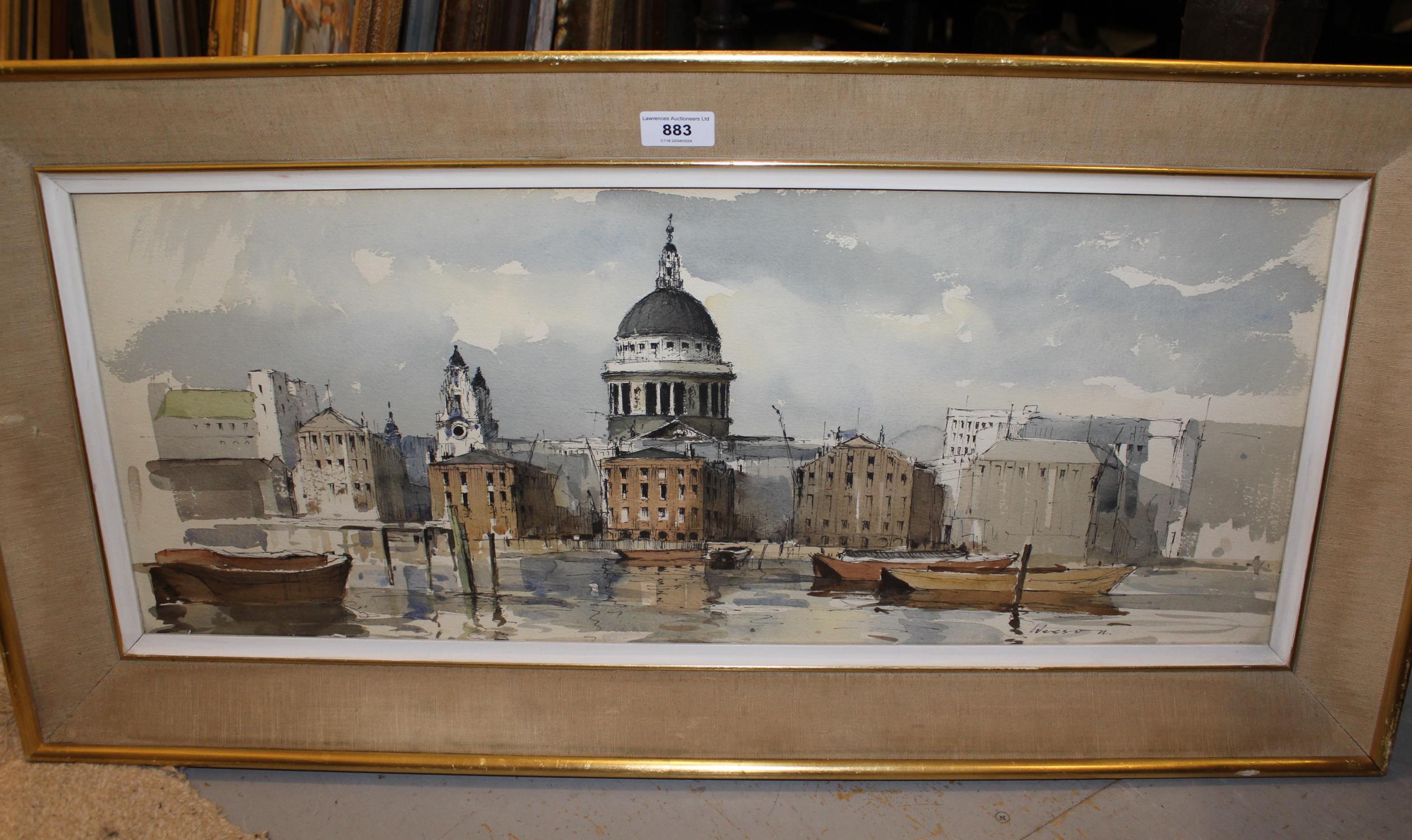 Edward Wesson, signed watercolour and ink, panoramic view of shipping on the Thames at St. Pauls, 28 - Image 2 of 4