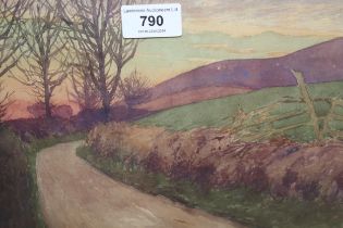 Watercolour, landscape at sunset, signed with initials T.R.F., 18 x 26cm, gilt framed