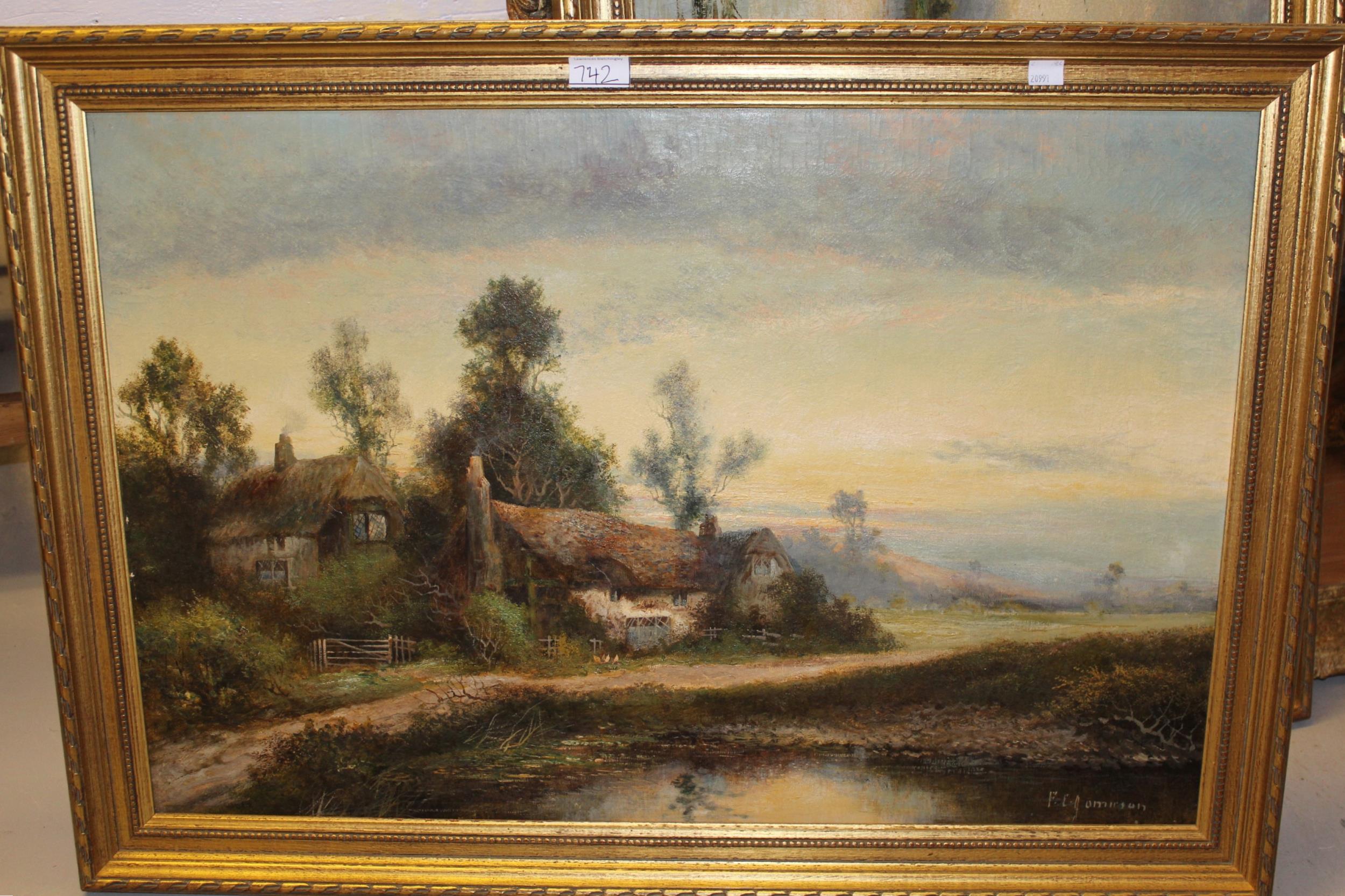 F.E. Jamieson, pair of oils on canvas, river scene with a moored punt before cottages and a church - Image 3 of 3