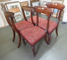 Set of four 19th Century mahogany railback dining chairs with overstuffed seats, on turned