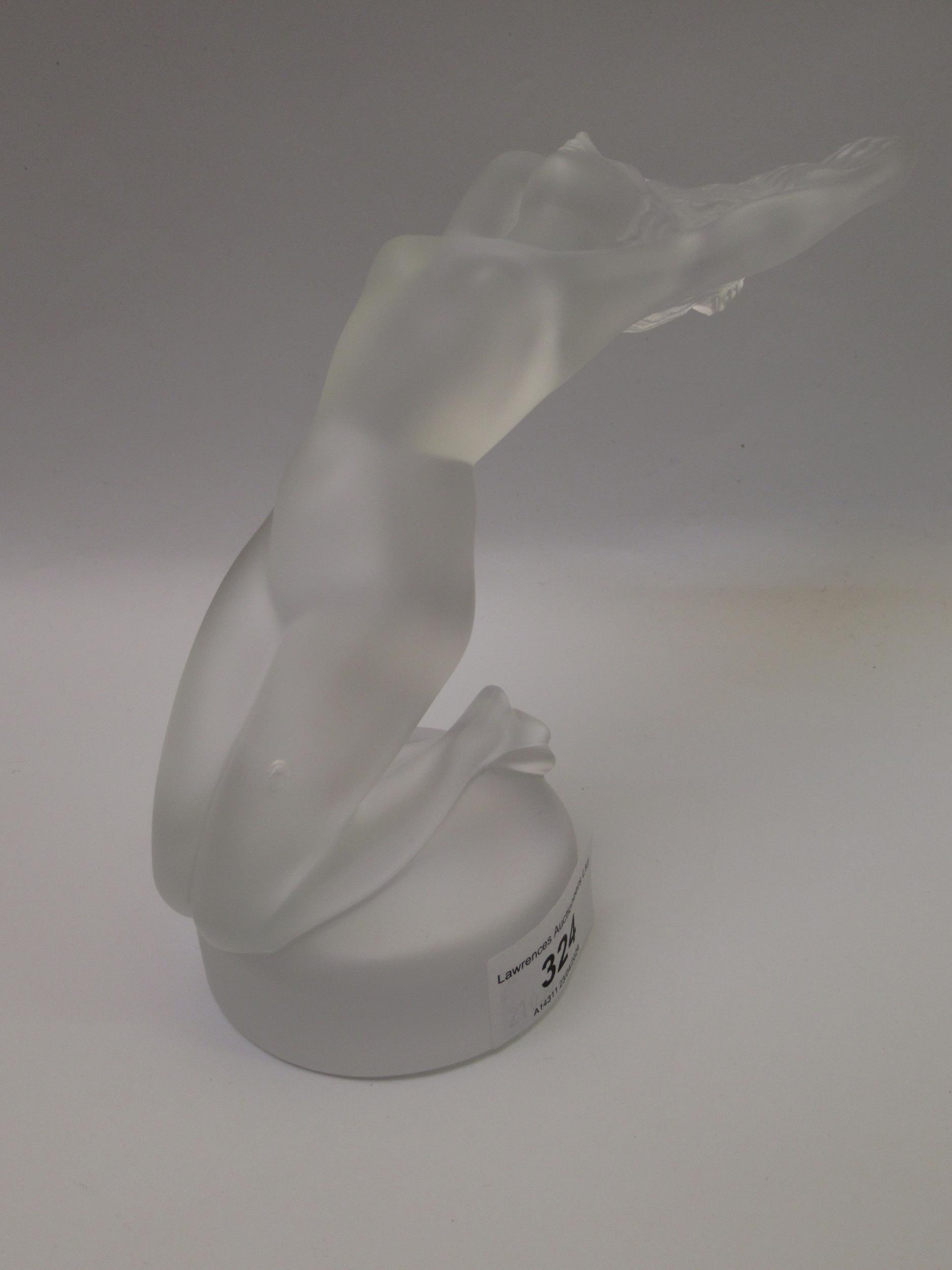 Lalique frosted glass figure of a kneeling female (bruise to leg), 14cm high