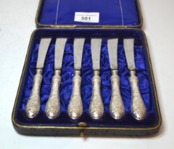 Cased set of six silver handled tea knives with embossed chinoiserie decorated handles
