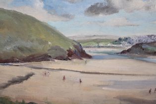 Oil on canvas board, figures in a coastal inlet, bearing inscription verso ' Newquay, C. A.