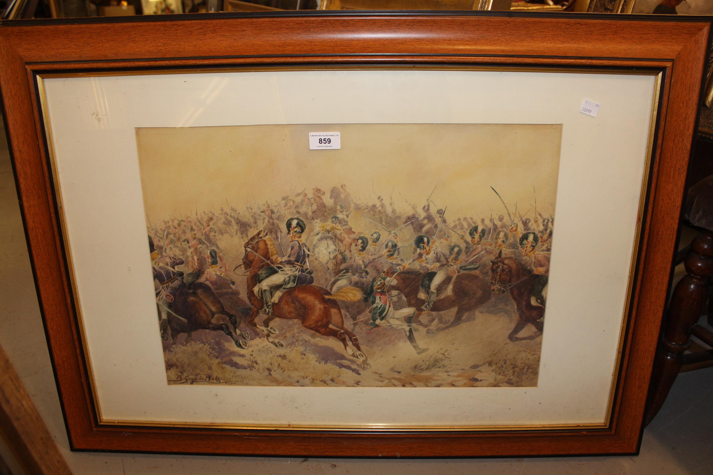 Watercolour battle scene, signed B. Granville Baker, in a modern frame, 36 x 54cm - Image 2 of 2