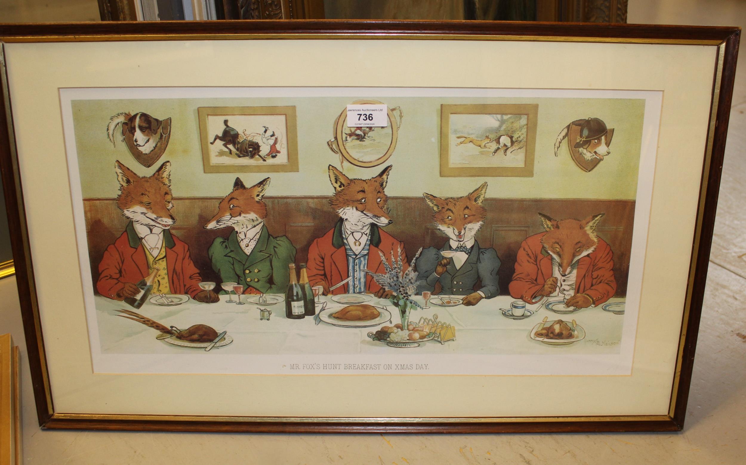 Framed colour print ' Mr Fox's Hunt Breakfast on Christmas Day ', 27 x 55cm, framed, together with - Image 2 of 4