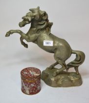 Silvered metal figure of a rearing horse and a cloisonne pot and cover There is damage to the lid,